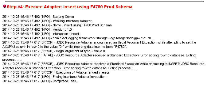 EXTOL Business Integrator (EBI) SQL Database Insert Error Illegal Argument Exception of type 2 value 0